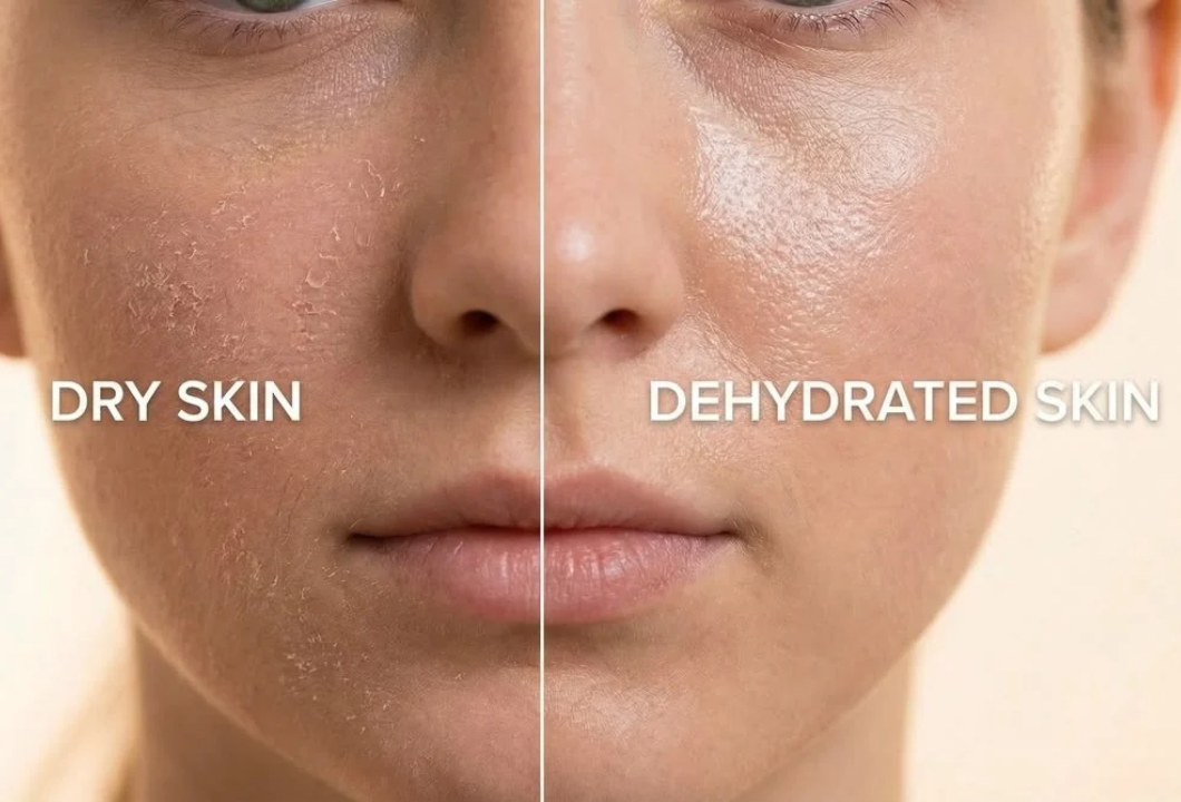 Side-by-side comparison of dry skin with visible flaking and dehydrated skin with a smoother, shiny appearance.